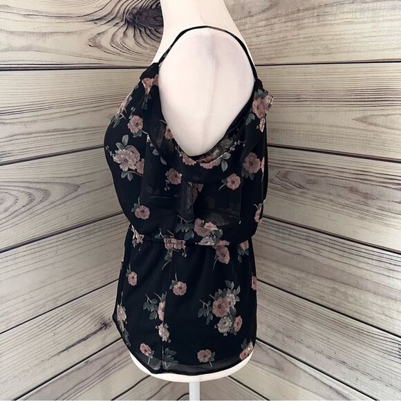 Express Black & Pink Floral Open Back Cold Shoulder V Neck Top - Picture 6 of 8